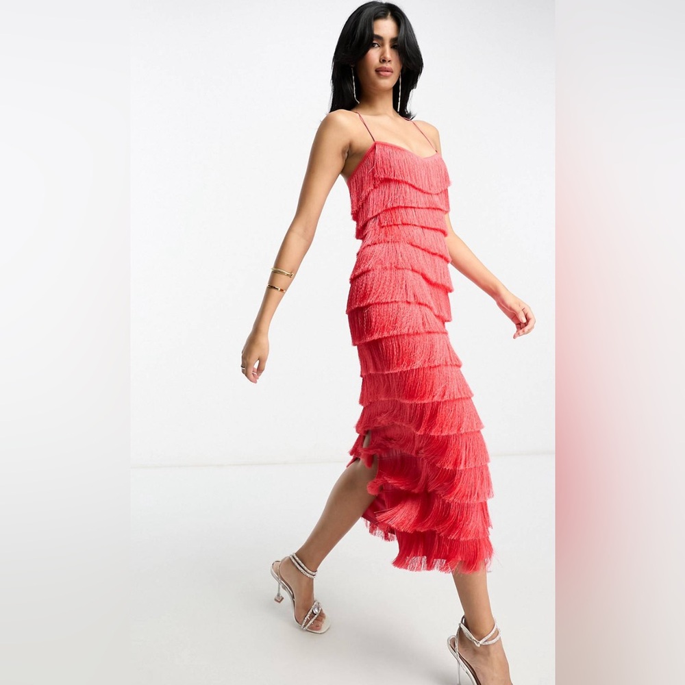 NWT ASOS Design Hot Pink Tiered Fringe Midi Dress with Cross Back